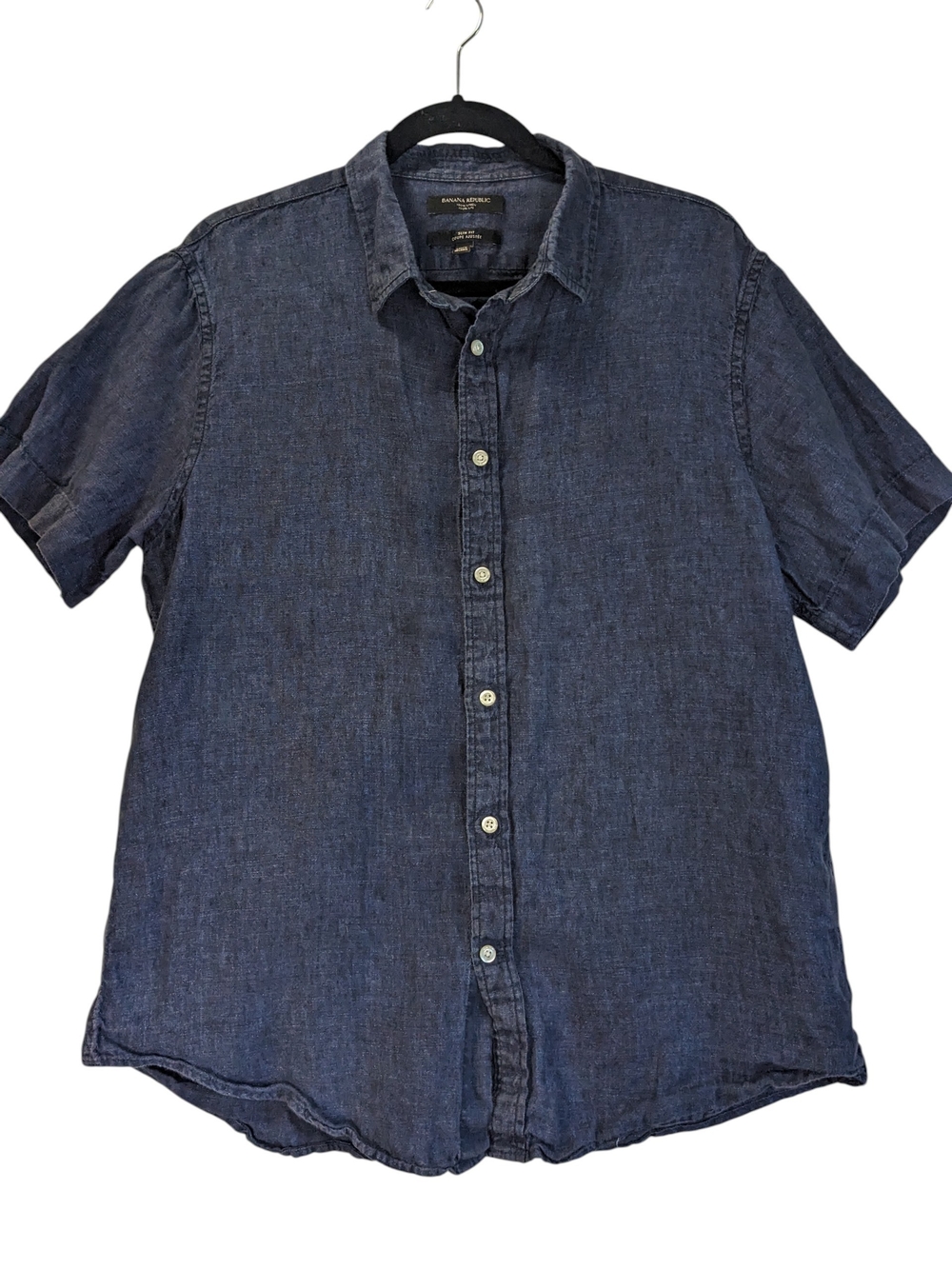 Banana Republic Men's Linen Short-Sleeve Button-Down Shirt - Navy Blue Size L